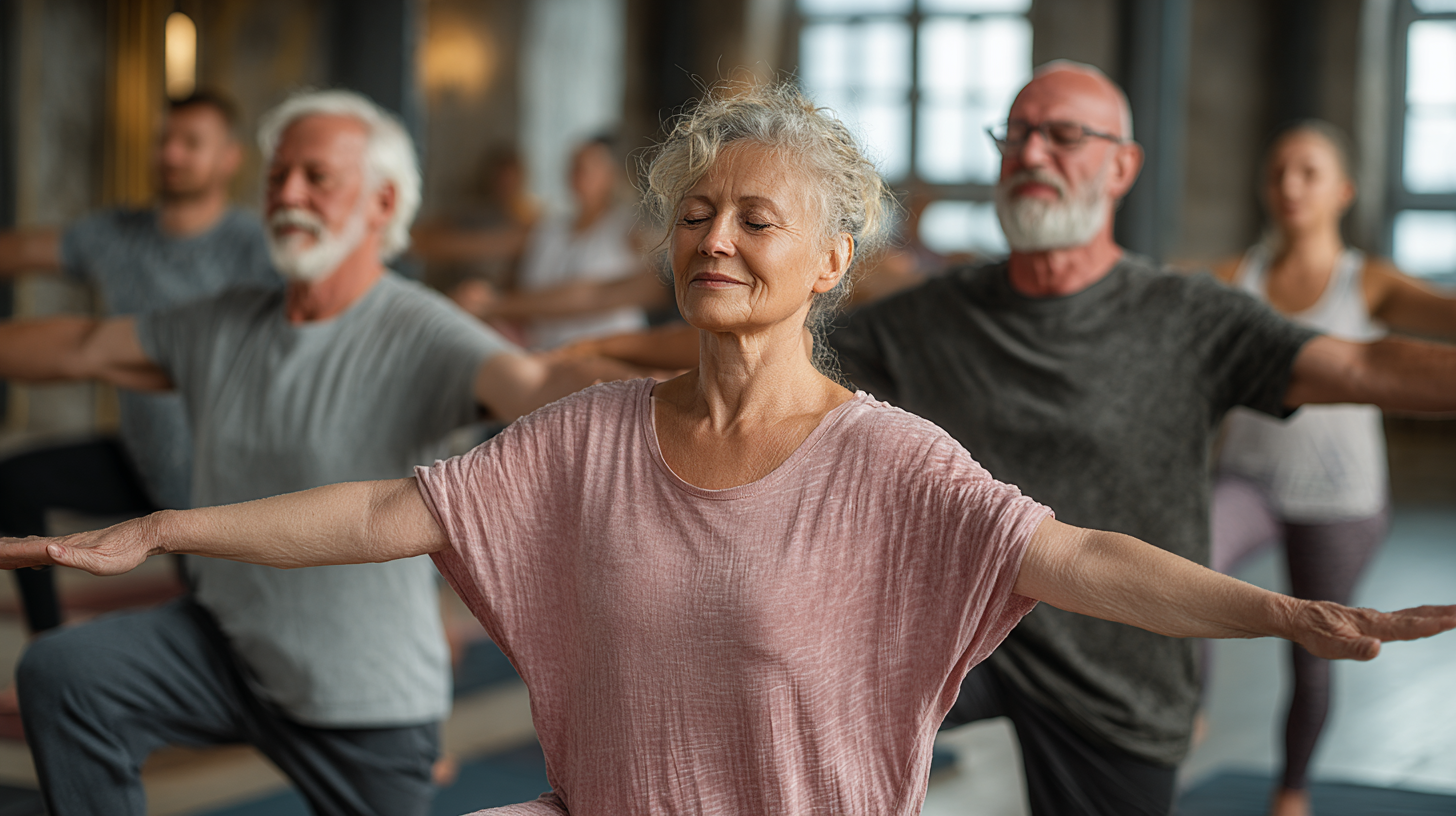 Grup de prieteni practicând yoga împreună în parc